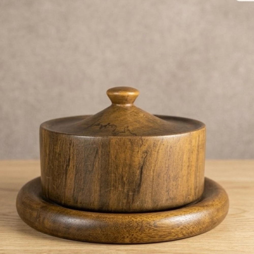 Vintage Mid Century Wood Covered Bowl Butter Dish w/ Lid & Base 9” Rustic‎